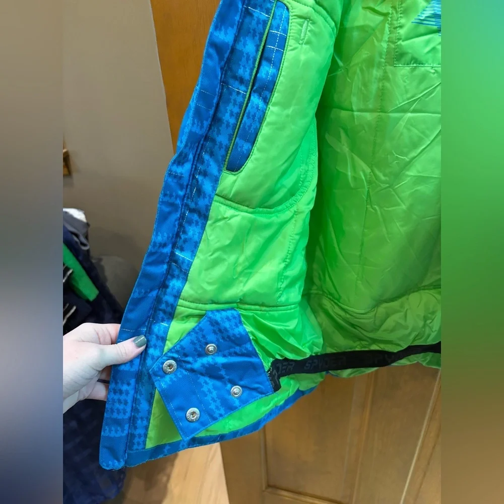 Spyder Girls Evar Ski Jacket Size 12 Riviera Checkered Plaid Print/Green Flash